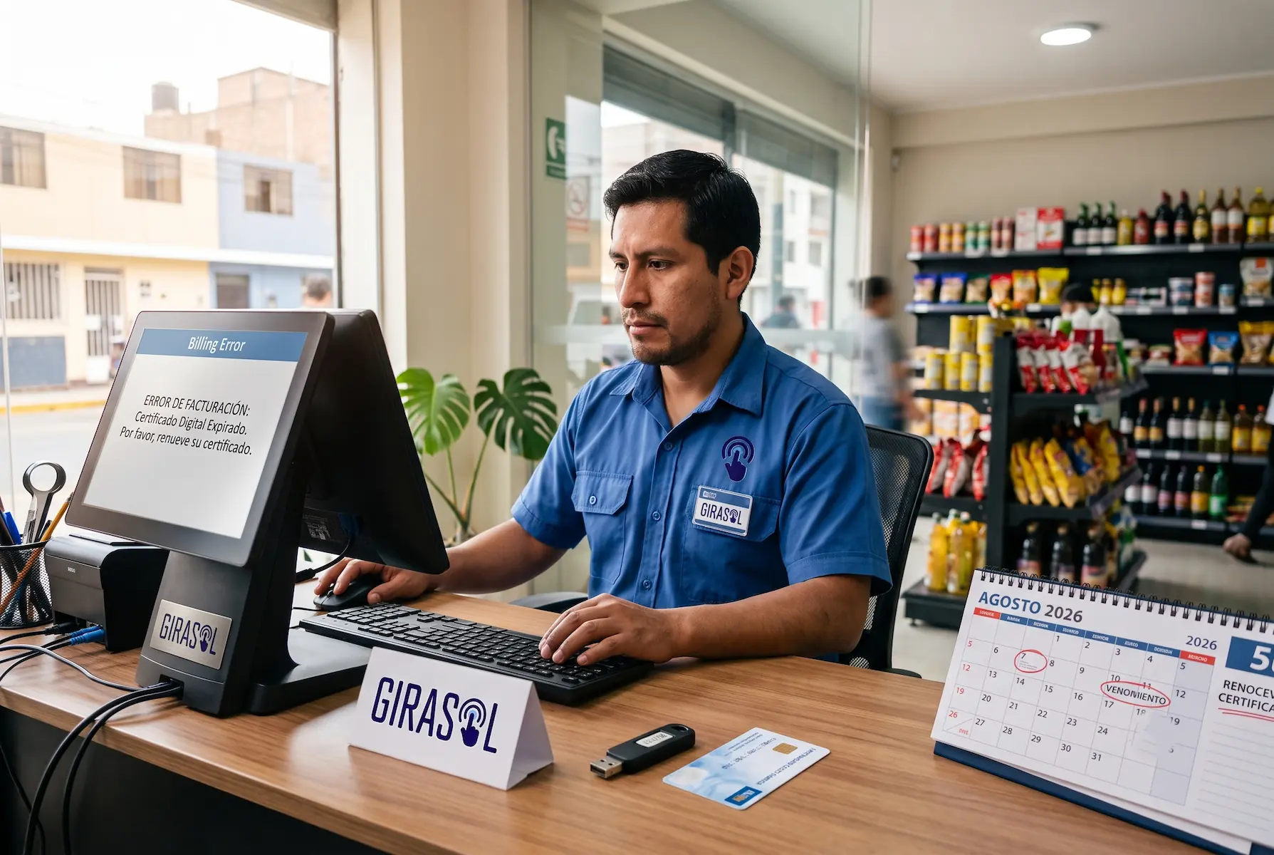Cajero en Perú viendo un error de facturación por un certificado digital vencido